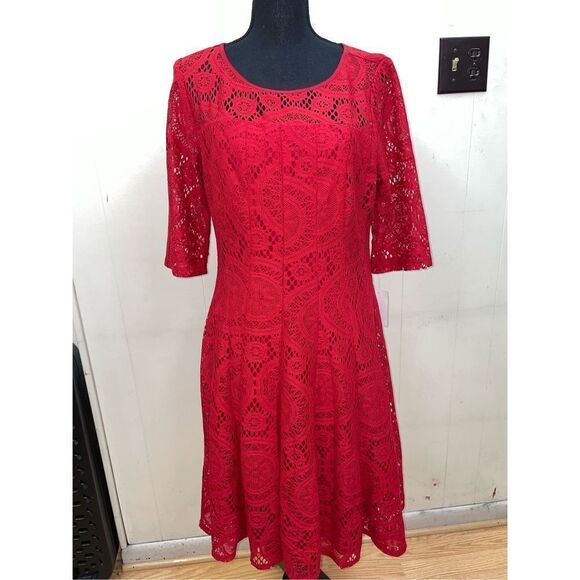 NWT Chris McLaughlin Size 14 Red Lace Short Sleeve Dress - Picture 1 of 7